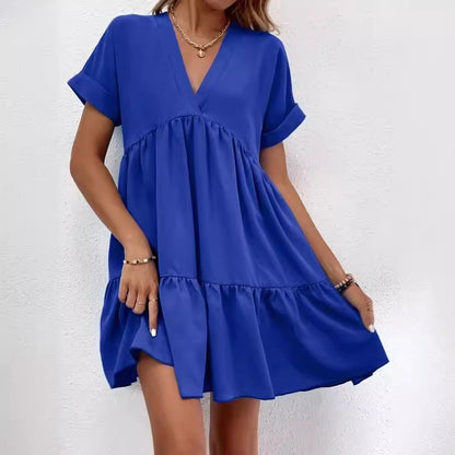 Vestido informal de verano para mujer, con escote en V y manga corta, estilo swing grande