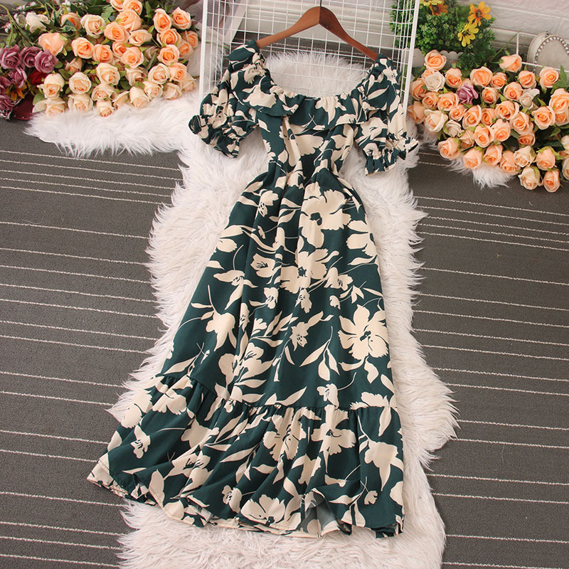 Women Vacation Casual Retro Multicolor Square Neck Printed Waist Puff Sleeve Dress