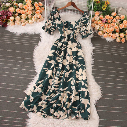 Women Vacation Casual Retro Multicolor Square Neck Printed Waist Puff Sleeve Dress