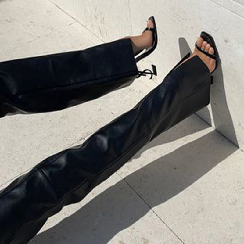 Women Pu Leather Pants Straight Loose Casual Low Waist Leather Pants