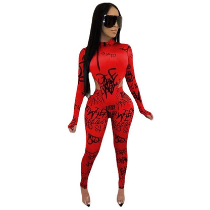Conjunto de dos piezas informal ajustado de manga larga con estampado de letras para mujer y pantalones