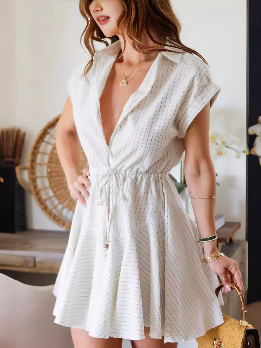 Women Fashion Casual Stripe Lapel Sleeveless Drawstring Dress