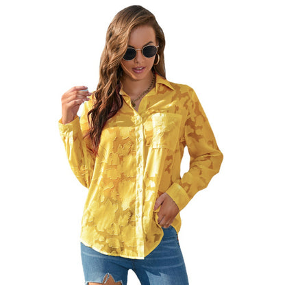 Blusa informal de gasa holgada con estampado floral y solapa de manga larga para mujer