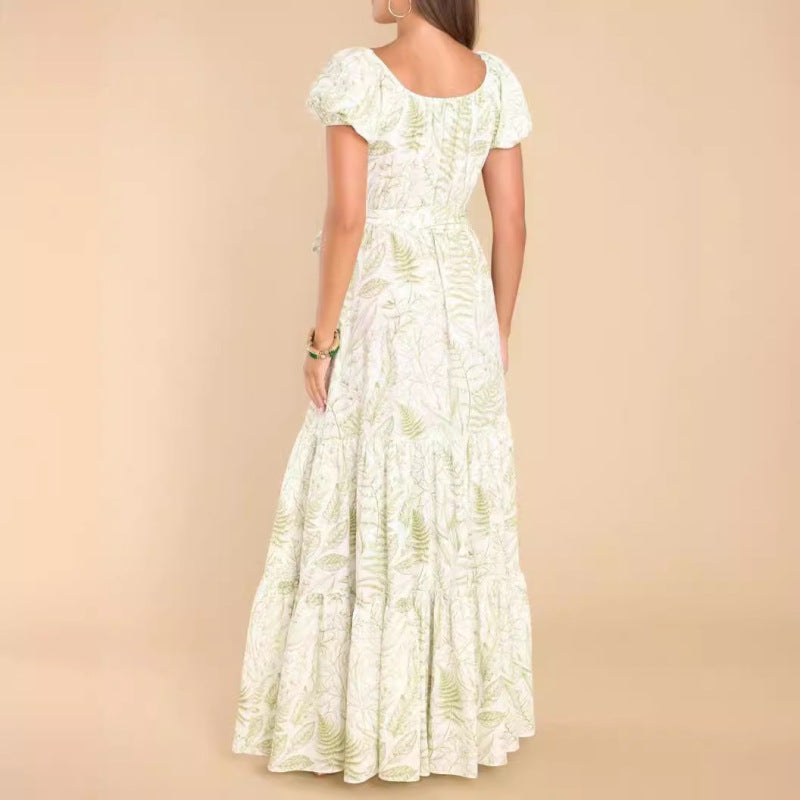 Women Casual Fashion Printed Puff Sleeve Maxi Dress
