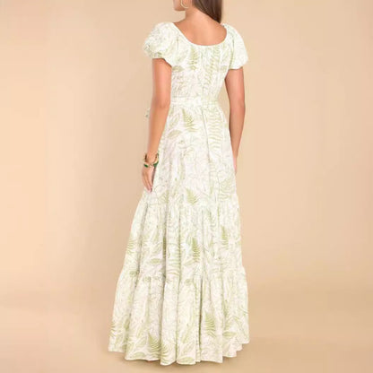 Women Casual Fashion Printed Puff Sleeve Maxi Dress