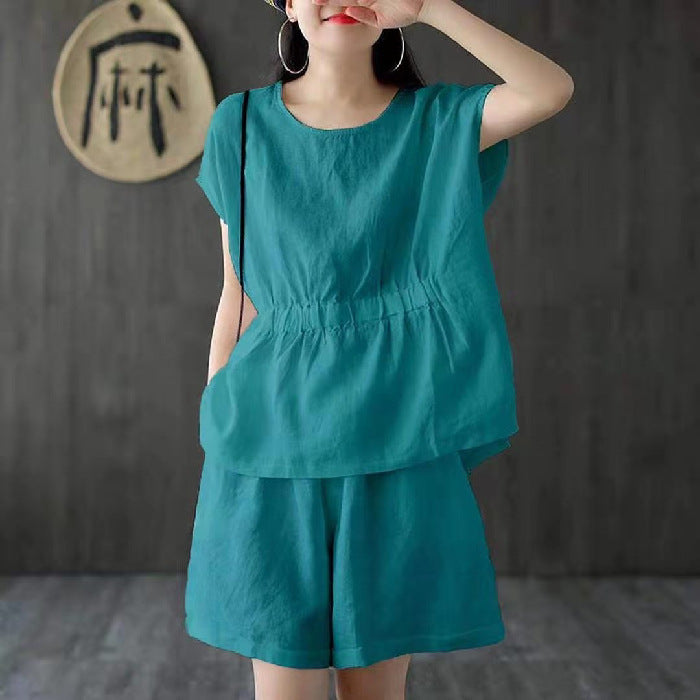 Conjunto de dos piezas de pantalones de lino y algodón de manga corta de color liso informal para mujer
