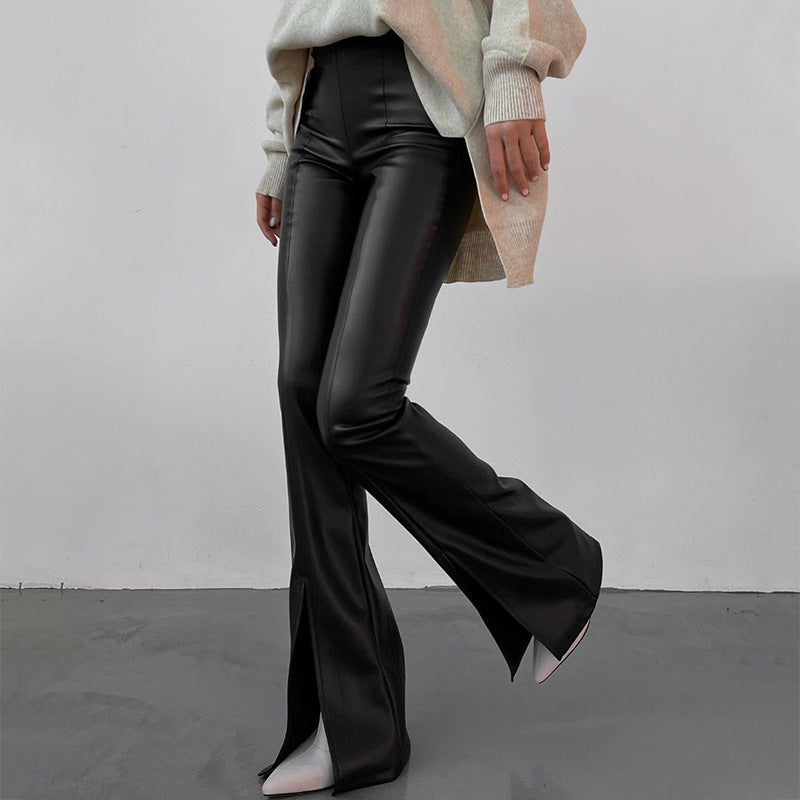 Women Solid Color High Waist PU Leather Casual Flared Pants