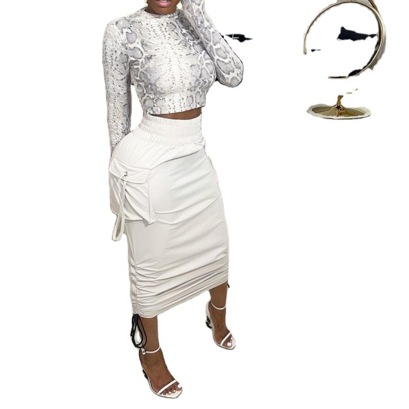 Women Casual Edgy Solid Color High Waist Pocket Drawstring Skirt