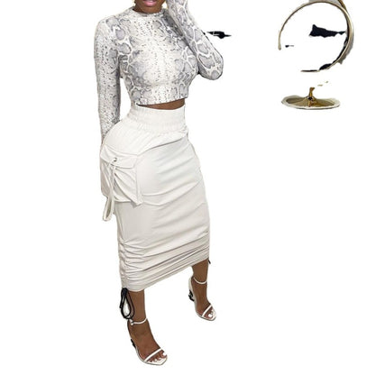 Women Casual Edgy Solid Color High Waist Pocket Drawstring Skirt