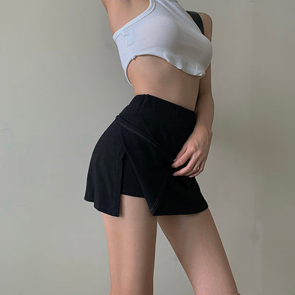 Summer Women Casual Solid Color High Waist Mini Split Skirt