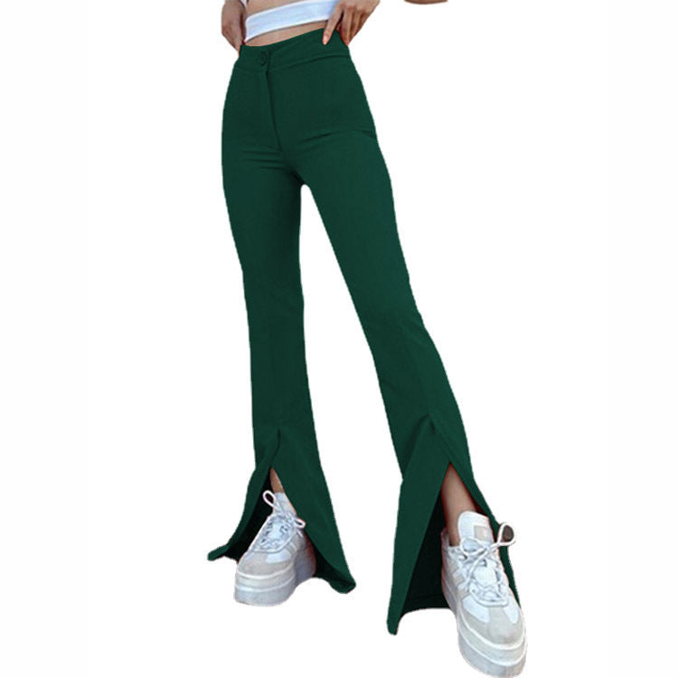 Women Solid Color Casual Flared Pants Slit High Waist Pants
