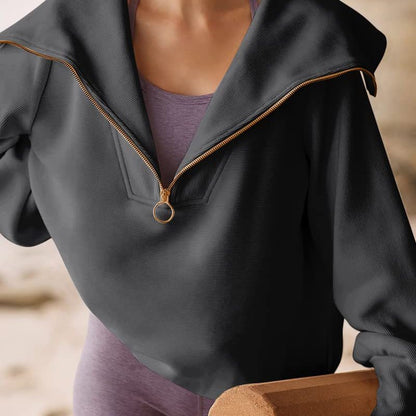 Sudadera informal de moda para mujer, con solapa holgada y media cremallera, color liso