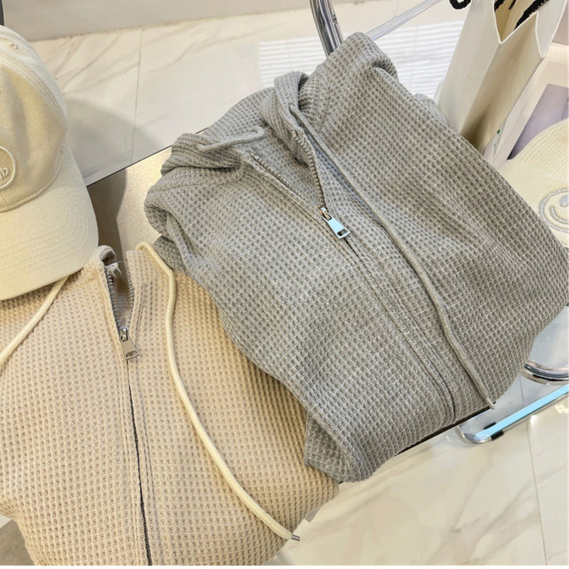 Chaqueta tipo cárdigan con cremallera y sudadera estilo waffle informal a la moda para mujer