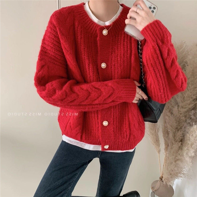 Suéter tipo cárdigan liso de manga larga con cuello redondo y tejido trenzado para mujer, informal, de invierno