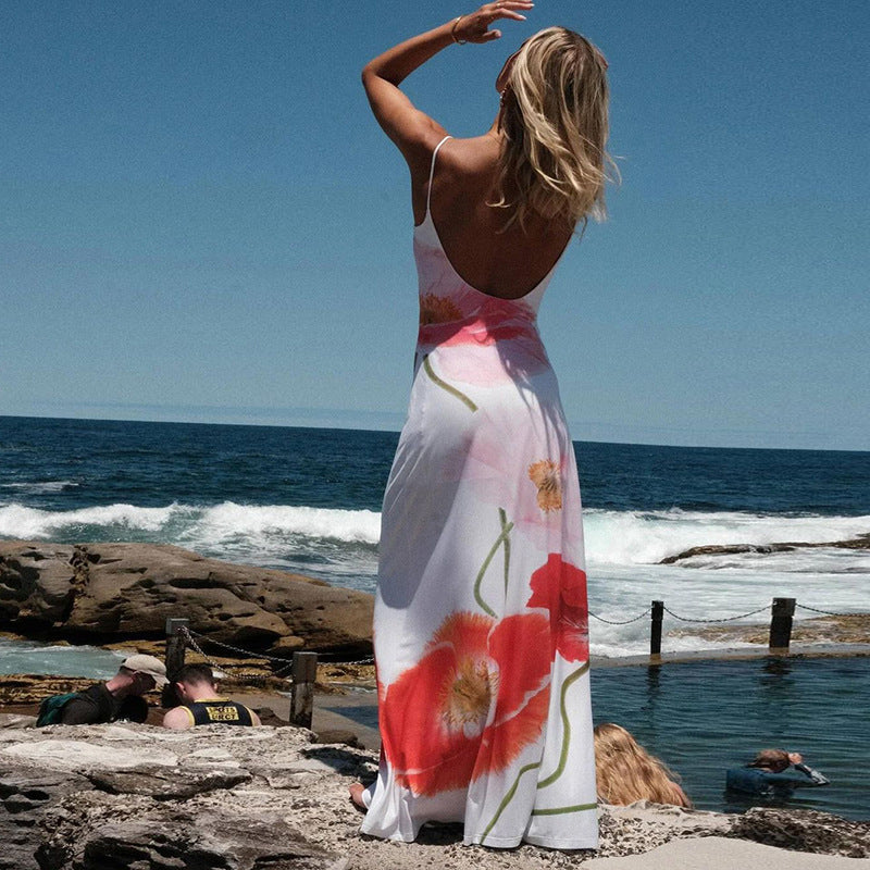 Women'S Casual Floral-Print Halter-Back Maxi Dress