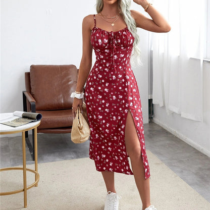 Summer Women Tiny Floral Print Spaghetti Strap Casual Vacation Dress
