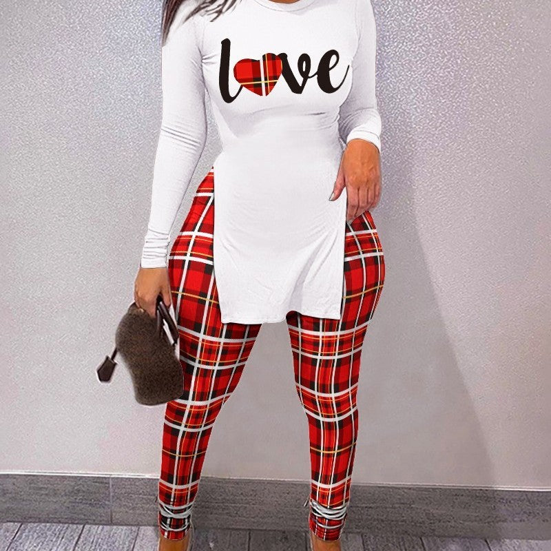 Conjunto deportivo informal de manga larga con cuello redondo y pantalones ajustados para mujer