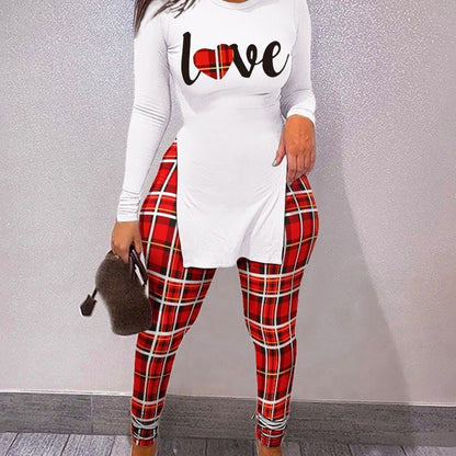Conjunto deportivo informal de manga larga con cuello redondo y pantalones ajustados para mujer