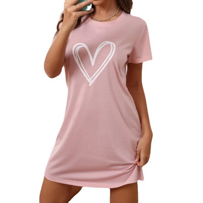 Cozy Casual Heart Print Short Sleeve Women Lounge Sleepwear Nightdress