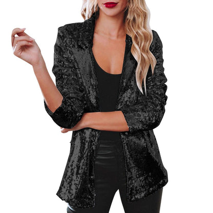 Chaqueta informal de manga larga con solapa y lentejuelas de color liso para mujer