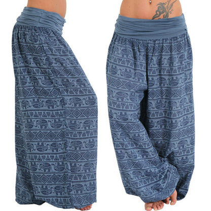 Women Casual Loose Printed High Waist Plus Size Wide Leg Pants