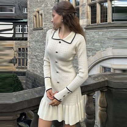 Women Fashion Casual Lapel Button Hole Long Sleeve Knitted Dress