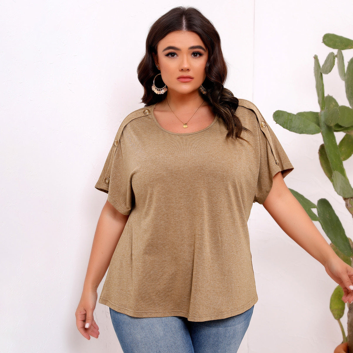Women Fashion Casual Plus Size Button Decorative Short-Sleeved T-Shirt