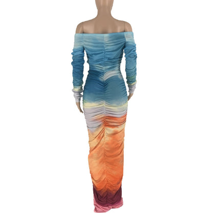 Vestido largo informal elegante con estampado tie-dye, hombros descubiertos y manga larga con pliegues para mujer