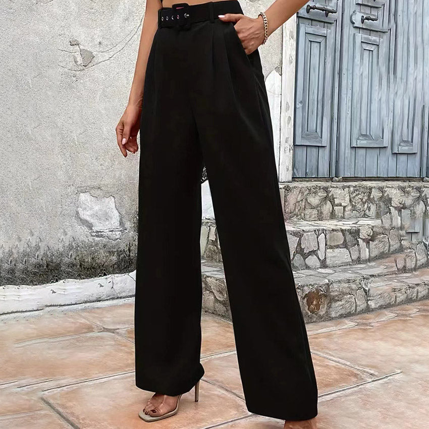 Women Fashion Casual High Waist Solid Color Straight Leg Pants