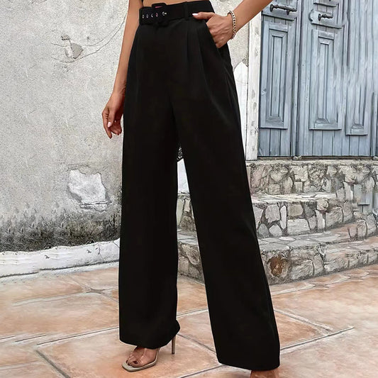 Pantalones casuales de cintura alta y pierna recta de color liso para mujer
