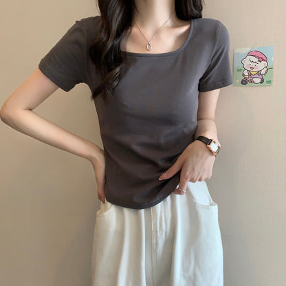 Camiseta informal de manga corta con cuello en U y color liso para mujer