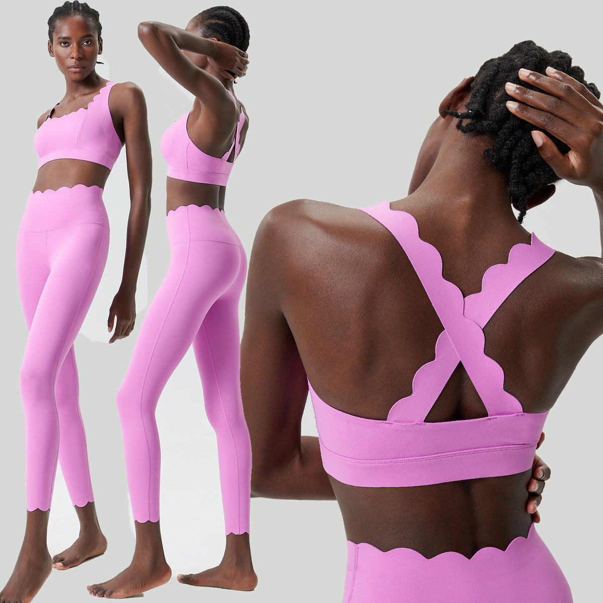 Women Casual Solid Color Liquid Glue Small Wave Sports Yoga Top Pants Two-Piece Set