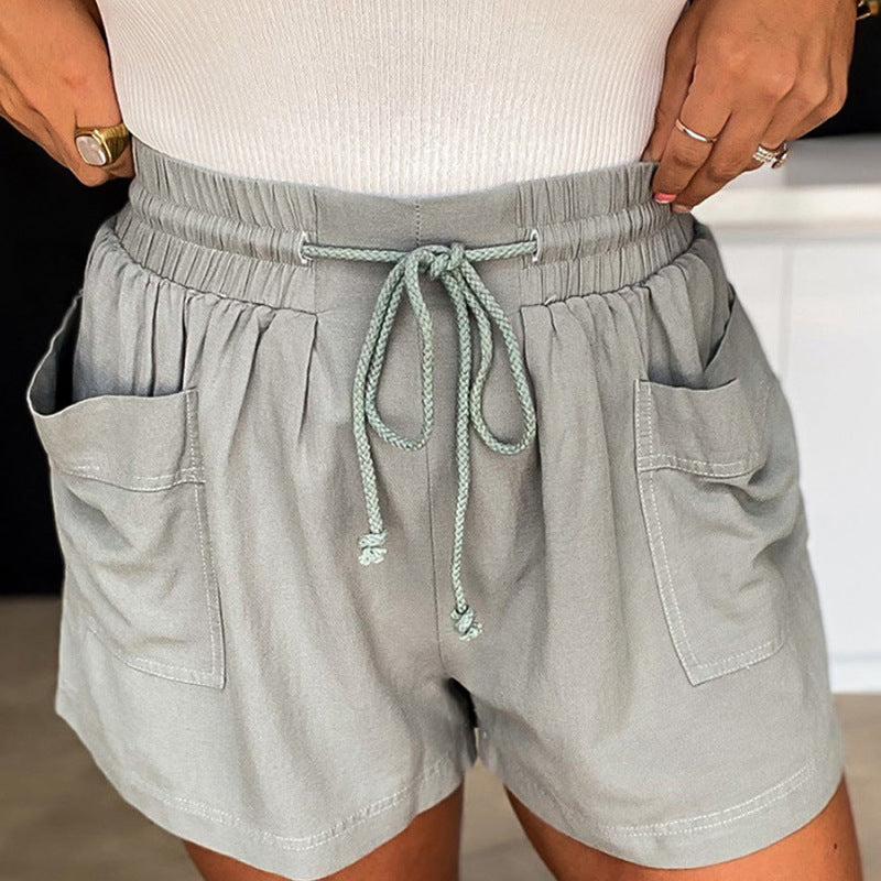Women Casual Solid Color Cotton High Waist Drawstring Slim Shorts