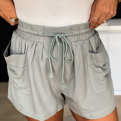 Women Casual Solid Color Cotton High Waist Drawstring Slim Shorts