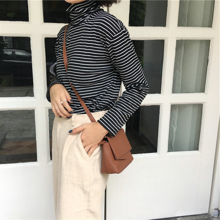 Camiseta informal de manga larga con cuello alto y estampado de rayas para mujer