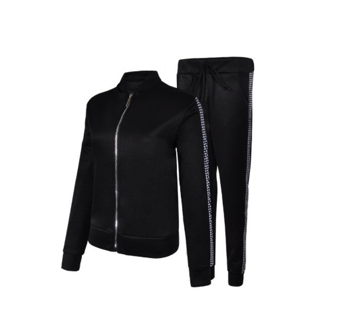 Women Long-Sleeved Top And Pants Leisure Stitching Plaid Casual Suit
