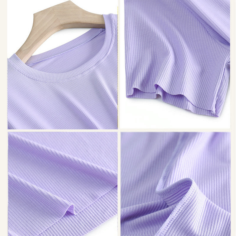 Camiseta informal de verano para mujer, de color liso, con cuello redondo y manga corta en blanco