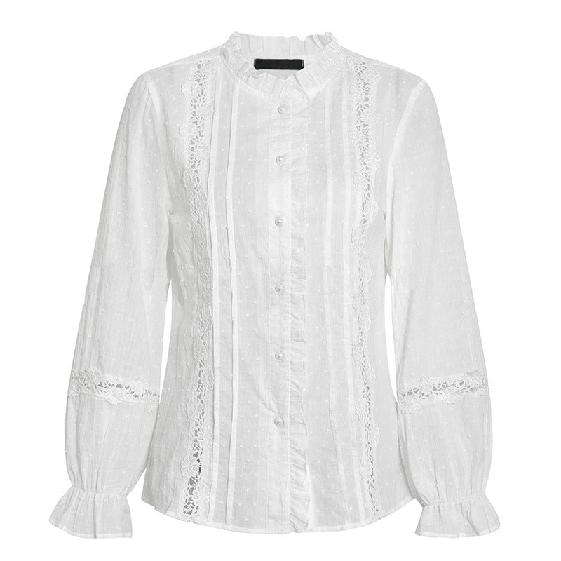 Blusa informal de algodón con mangas abullonadas y costuras caladas para mujer