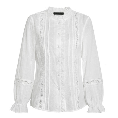 Blusa informal de algodón con mangas abullonadas y costuras caladas para mujer