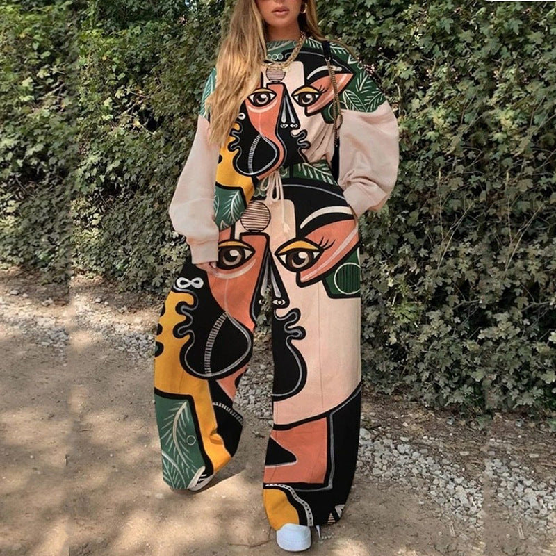 Conjunto de top y pantalón básico de manga larga con cuello redondo y estampado holgado para mujer