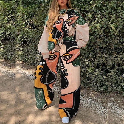Conjunto de top y pantalón básico de manga larga con cuello redondo y estampado holgado para mujer