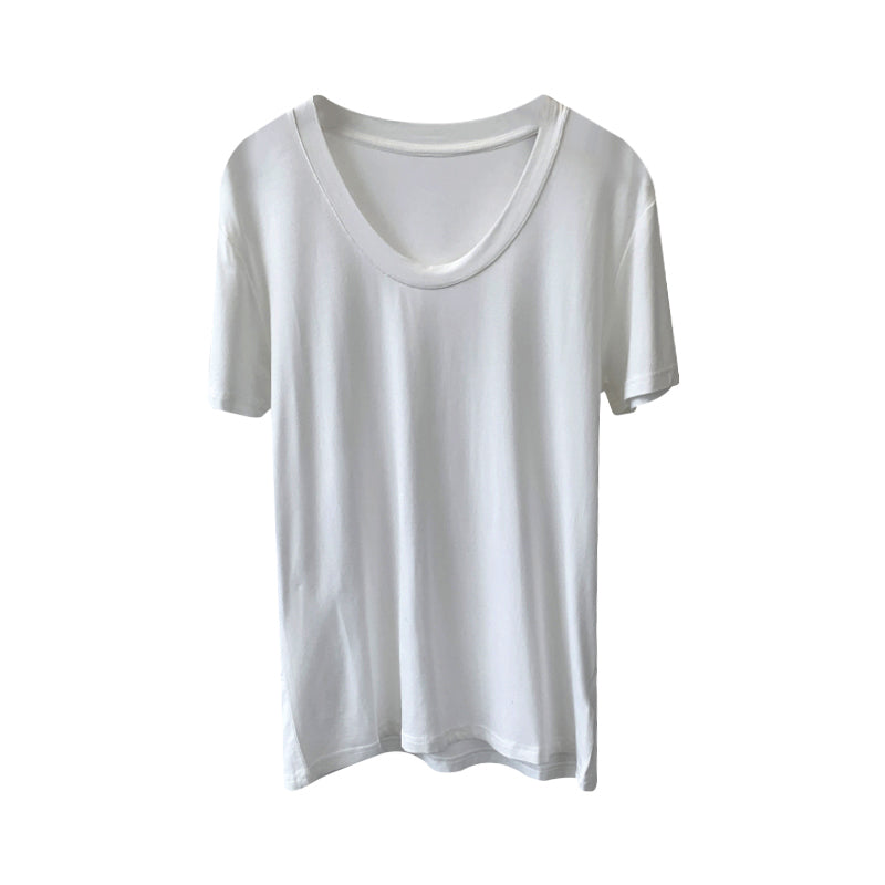 Camiseta informal de verano para mujer, color liso, cuello en U, manga corta, sin mangas