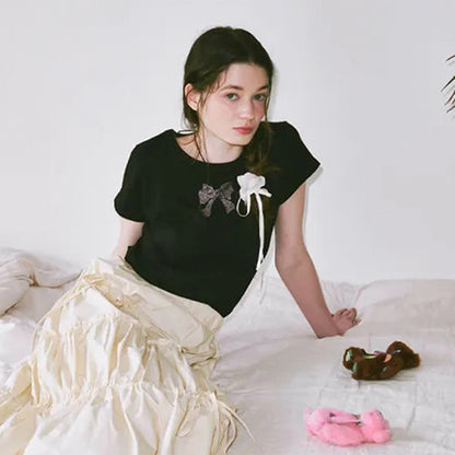 Camiseta informal de manga corta con lazo y diamantes de imitación para mujer