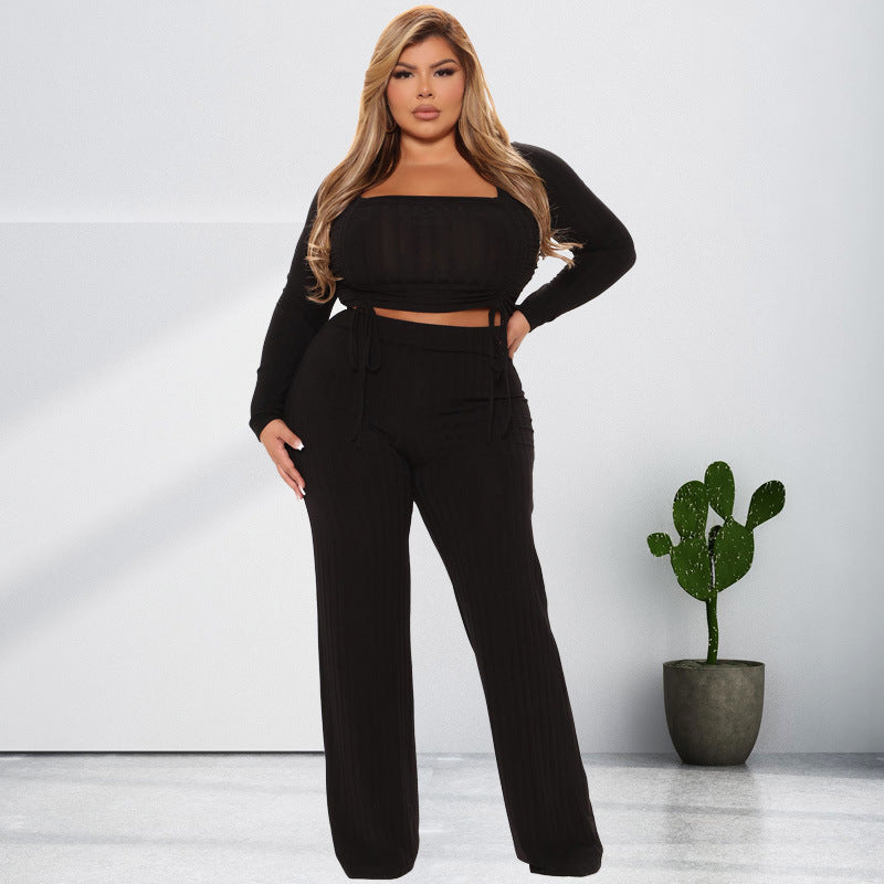 Plus Size Women Solid Color Drawstring Square Collar Two-Piece Casual Suit