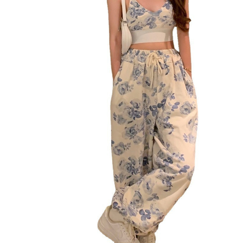 Conjunto de dos piezas informal para mujer: top corto con tirantes, espalda descubierta y pantalones anchos de cintura alta