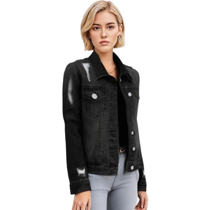 Chaqueta vaquera informal de manga larga con solapas rasgadas para mujer