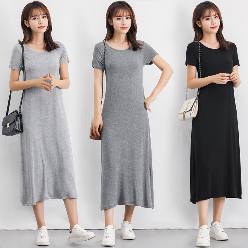 Vestido casual de manga corta de color liso para mujer