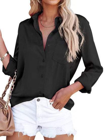 Blusa informal de manga larga con solapa y color liso para mujer