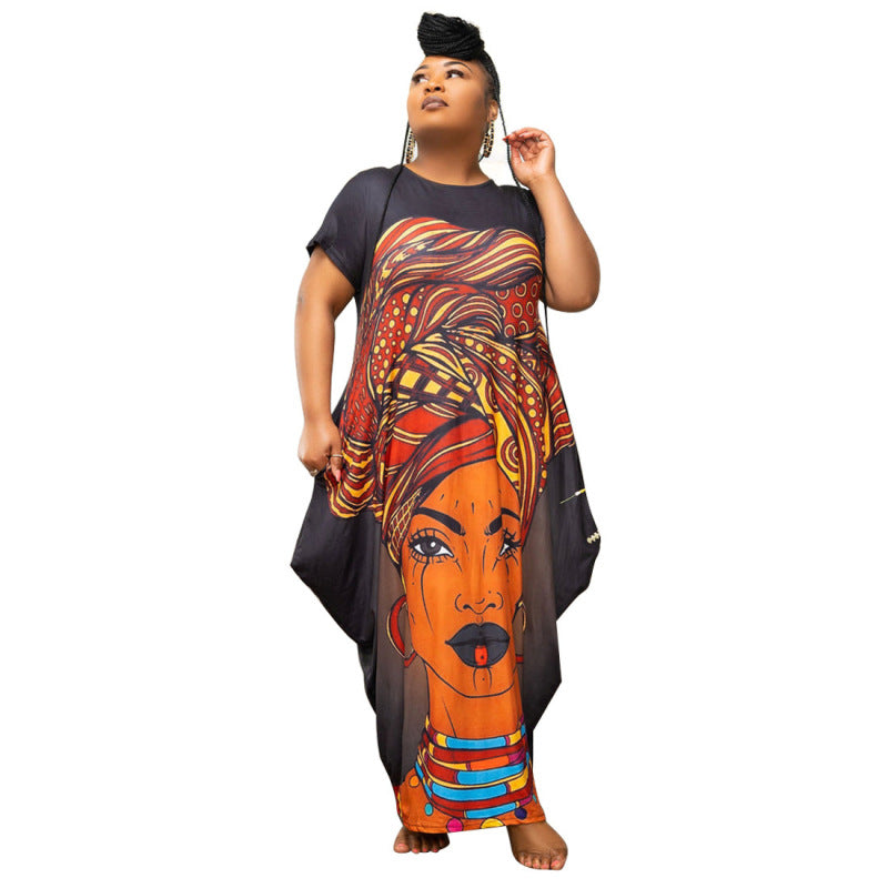 Plus Size Women Casual Boho Graphic Print Short Sleeve Loose Maxi Dress