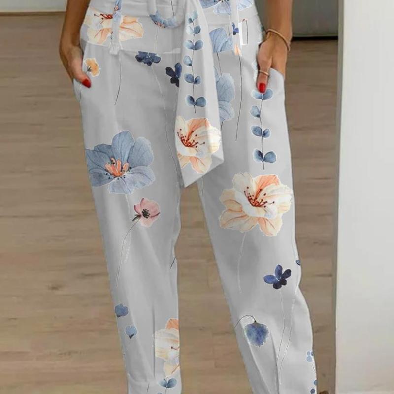 Women Casual Summer Solid Color Linen Floral Pants